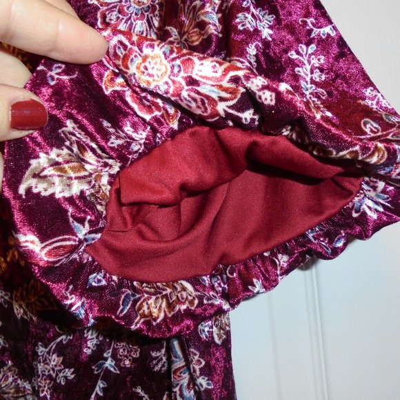 Dress Velvet Puffed Short Sleeve knee-length Floral Burgundy retro - Picture 3 of 8